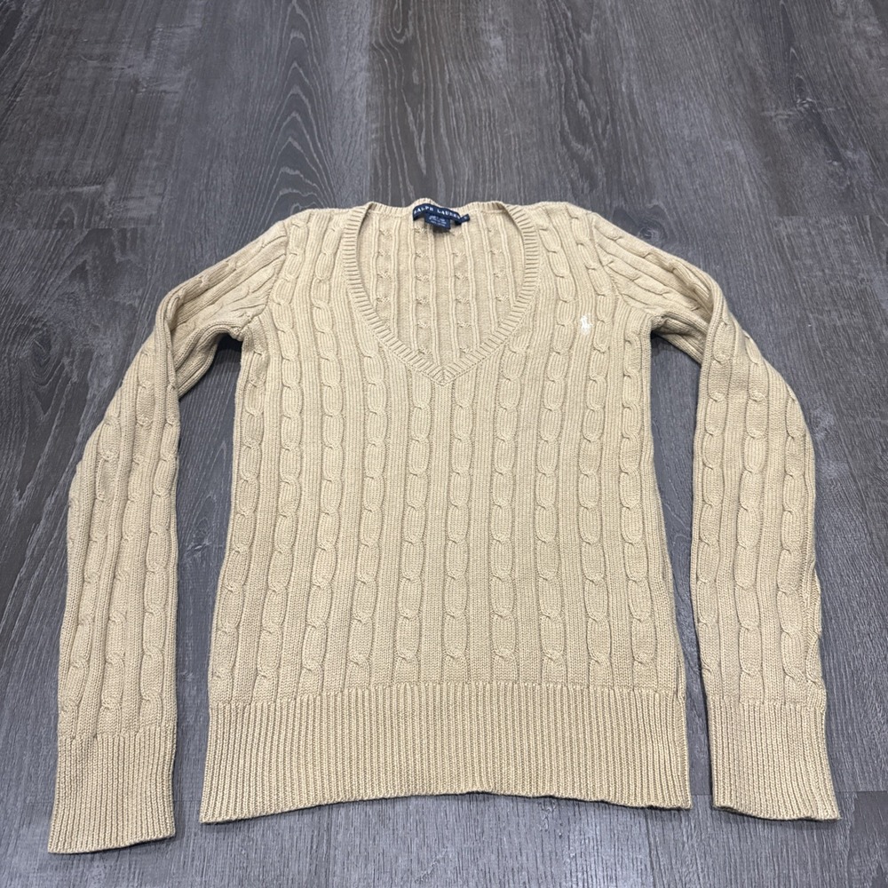 VTG Polo Ralph Lauren Women's Cable Knit Sweater S 100% Italian Cotton V Neck
